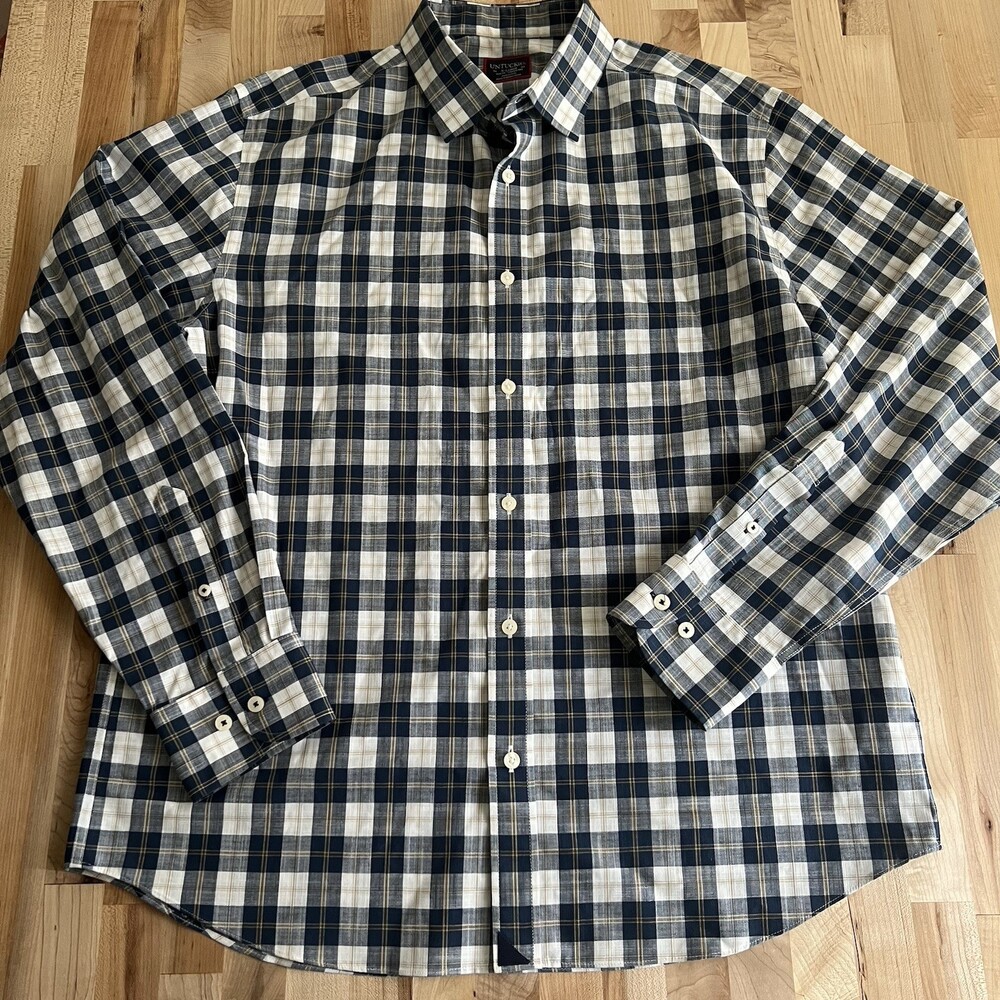 UNTUCKit Long Sleeve Button-Up Shirt 100% Cotton Blue White Plaid - Slim Fit XL